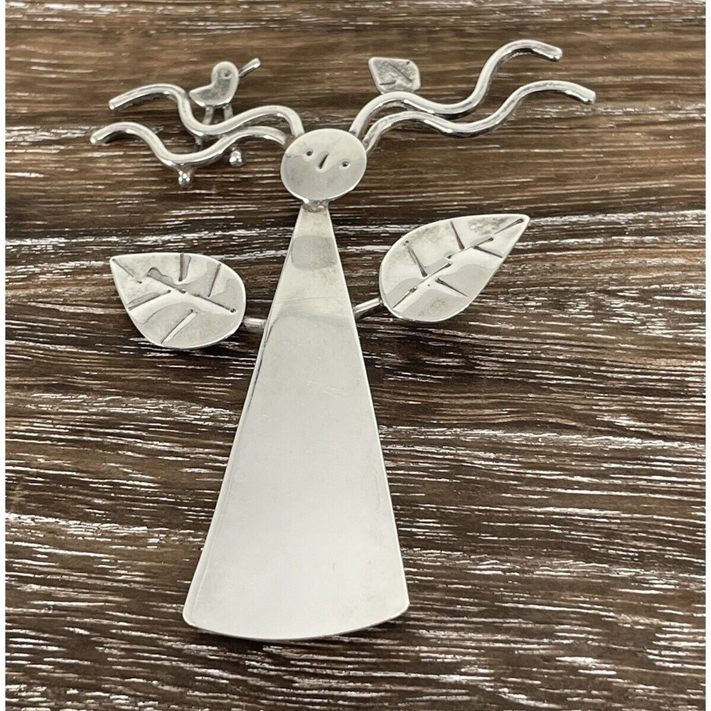 Vintage Modernist Sterling Silver Mother Nature Brooch Pin